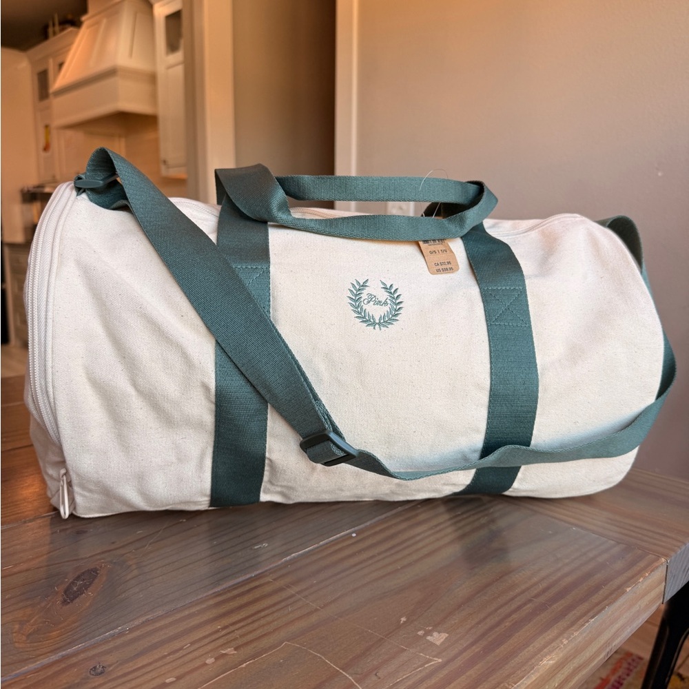 NWT Victoria’s Secret PINK Logo Large Natural Canvas Cream/Green Duffle Gym